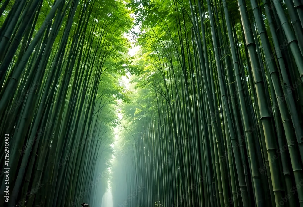 Fototapeta premium Tall bamboo forest with green stalks and glowing sunlight from above