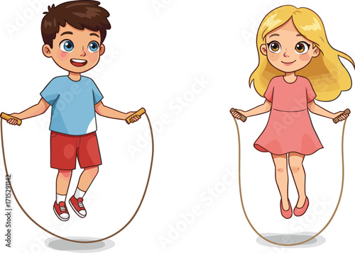 Cartoon kids jumping rope outdoors, playful physical activity, happy children exercising together, fun fitness illustration for educational and recreational content