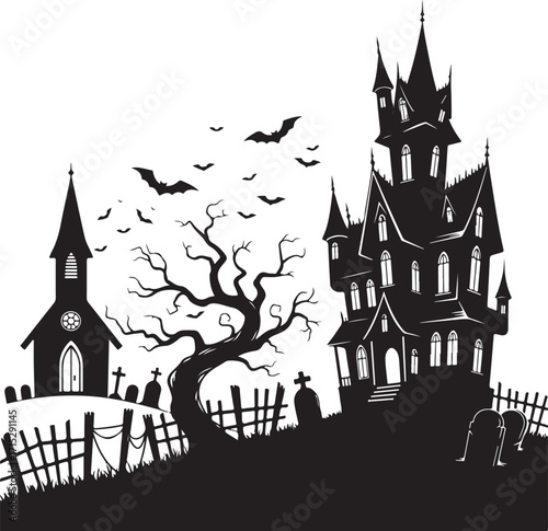 Spooky Silhouette of a Haunted Mansion: A haunting silhouette captures the essence of Halloween, with a sinister mansion looming over a graveyard, set against a backdrop of a desolate tree and bats.