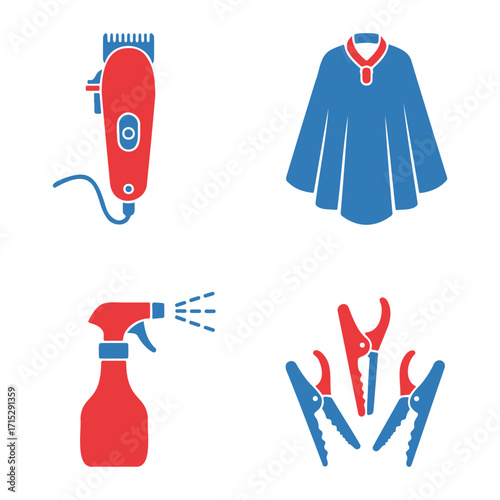A collection of four icons representing essential tools and accessories for hairdressing and barber services, including clippers, a cape, a spray bottle, and hair clips.