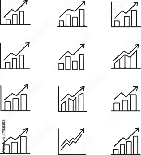 Business growth bar chart icons with upward trending arrow and line graph finance