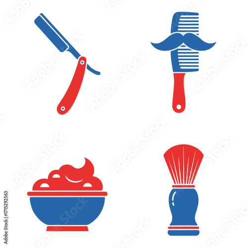 Barber shop tools illustration: razor, comb with mustache, shaving cream, and brush.