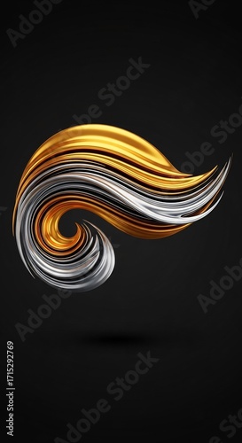 A 3D rendering of an abstract swirl made of gold and silver liquid metal. It looks luxurious and dynamic against a dark background with copy space.