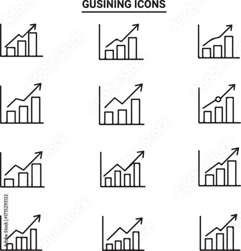 Growing bar chart icons with upward trending arrow for business growth finance analytics