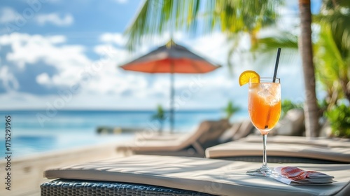 vacation concept, showing a lavish beachfront resort with elegant lounge chairs, a cocktail in hand on blurred background