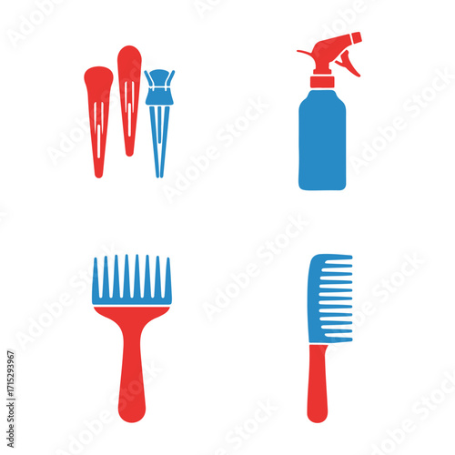 Hairdressing tools: clips, spray bottle, comb, afro pick.