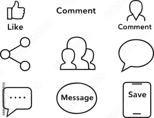 Social media interaction icons like comment share message and save thumb