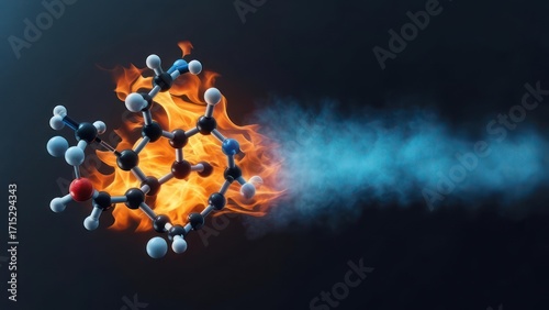 Chemical molecule in flames, emitting smoke