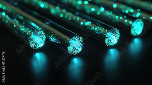 Illuminated fiber optic tubes on a dark surface.