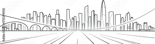 Minimalist Line Art of a Modern City Skyline and Bridge