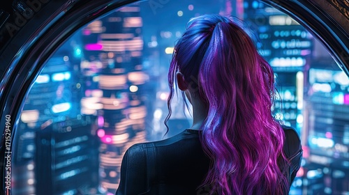 A person gazes out at a futuristic city from a high vantage point.