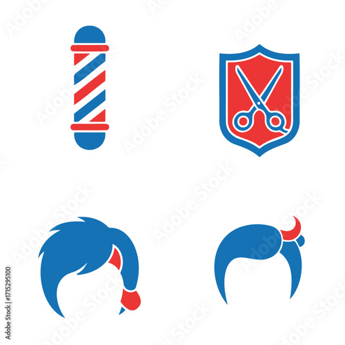 A set of four barbershop icons featuring a barber pole, scissors on a shield, and two distinct hairstyles in a red and blue color scheme.
