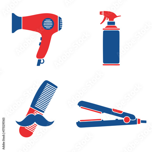 A collection of four stylized icons representing hair styling tools, including a hairdryer, spray bottle, comb, and flat iron.