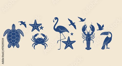 Summer Beach Collection of Nautical Animal Illustrations Marine Life
