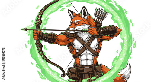 Anthropomorphic Fox Archer Drawing Bow Surrounded by Green Magical Energy