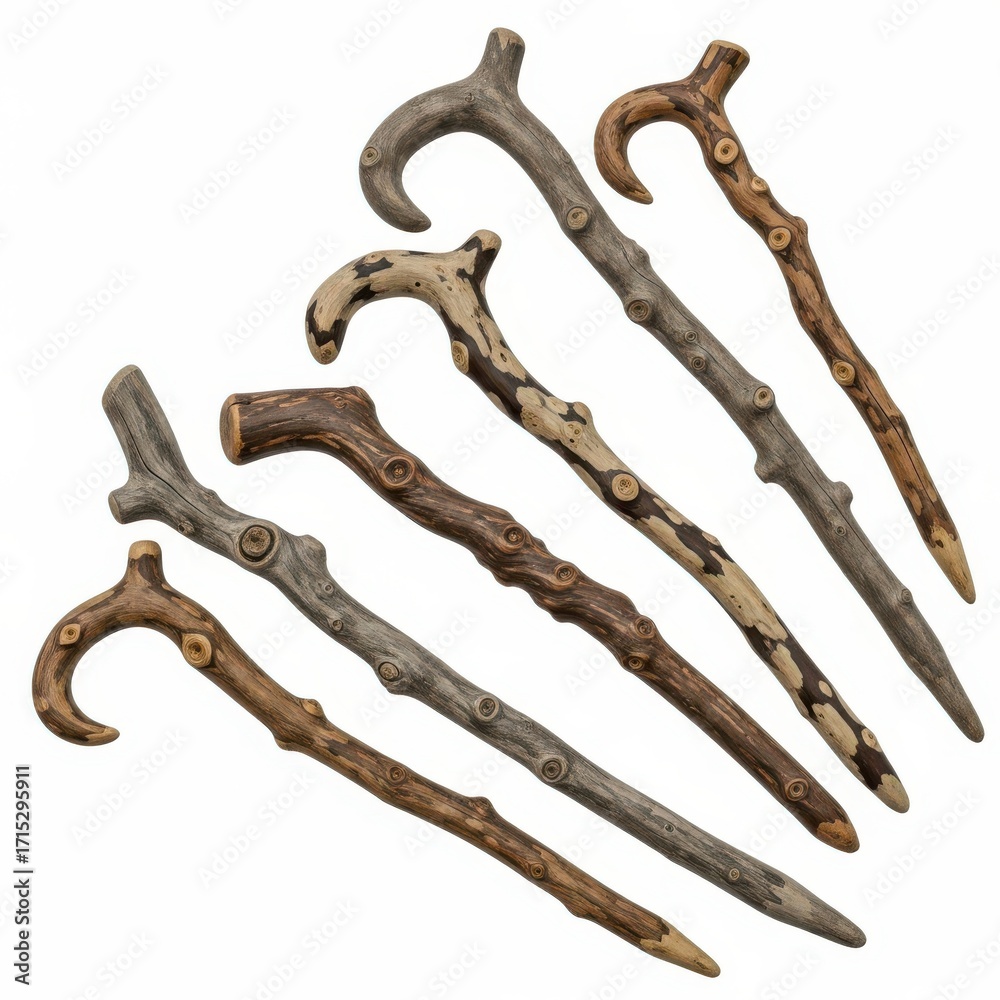 Fototapeta premium Collection of six rustic wooden walking sticks and canes with natural branch details, isolated on white background