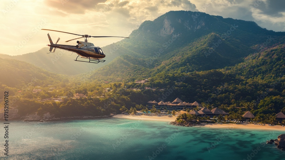 Fototapeta premium Luxury travel scene, depicting a private helicopter flying on blurred background