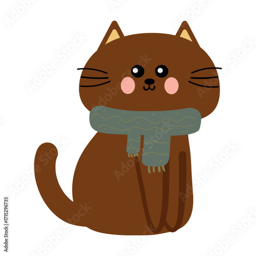 hand drawing cartoon kitty brown wearing scarf. cute animal drawing, doodle