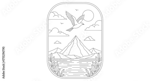 Minimalist mountain scene with flying bird vector illustration