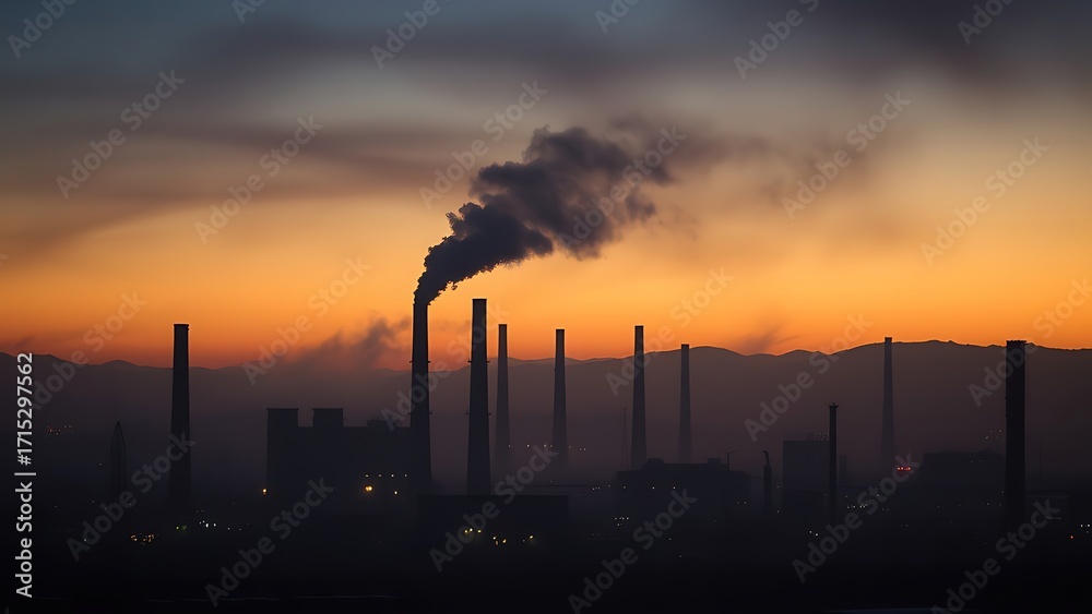Obraz premium Industrial landscape at dusk with smokestacks and atmospheric haze, rendered in moody colors with soft focus.