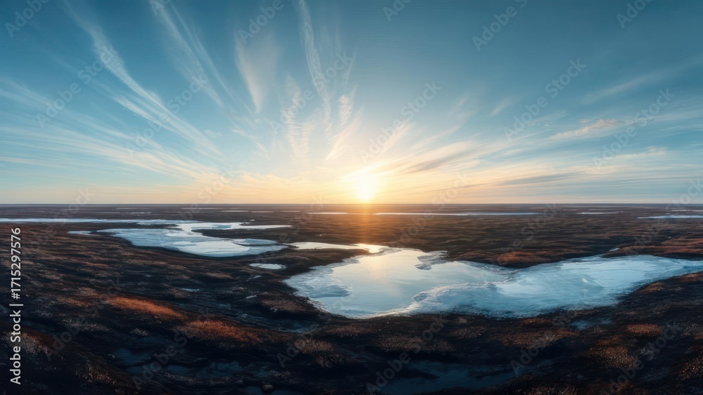 Fototapeta premium Frozen tundra landscape at sunset. Vast expanse of icy ponds and dark ground. Sunlight streaks across light clouds