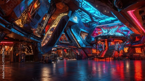 A futuristic interior design with vibrant lighting.