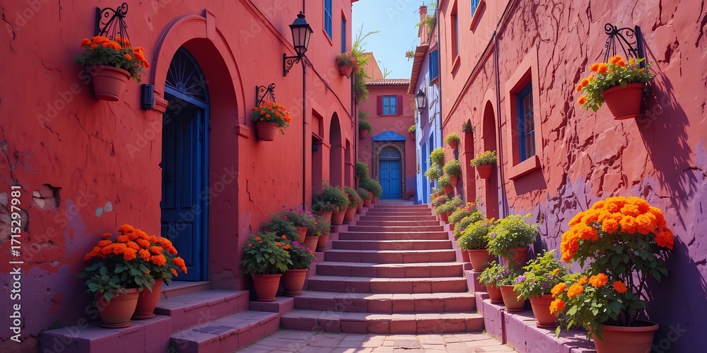 Fototapeta premium Charming narrow stairway with vibrant colorful pots and rustic mediterranean architecture under