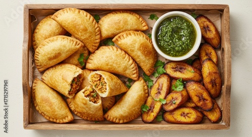 Latin American Empanadas Platter with Fried Plantains and Chimichurri Sauce