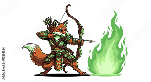 Fox Archer Aiming with Bow and Green Flame Cartoon