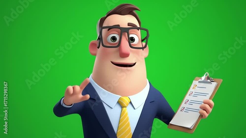 Cartoon Businessman with Checklist on Green Screen Background