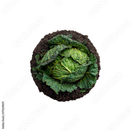 Freshly Harvested Savoy Cabbage in Soil, Top View
