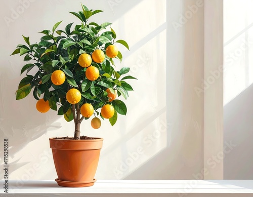 Vibrant citrus tree in terracotta pot, bathed in sunlight