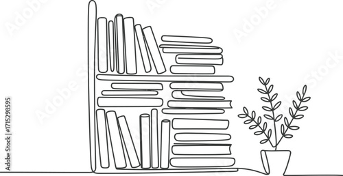 Minimalist Line Art of Bookshelf with Potted Plant