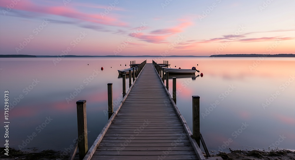 Fototapeta premium A wooden pier stretching into a calm,glassy lake at dawn.A few small boats are moored at the end.The sky is a soft blend of pastel pinks,blues,the water is still,mirroring the clouds.