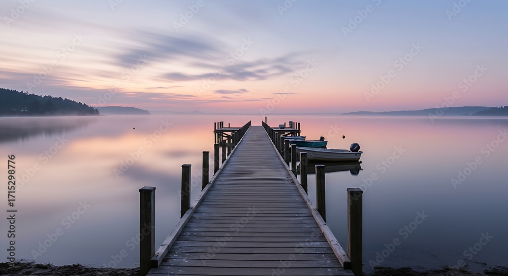 Fototapeta premium A wooden pier stretching into a calm,glassy lake at dawn.A few small boats are moored at the end.The sky is a soft blend of pastel pinks,blues,the water is still,mirroring the clouds.