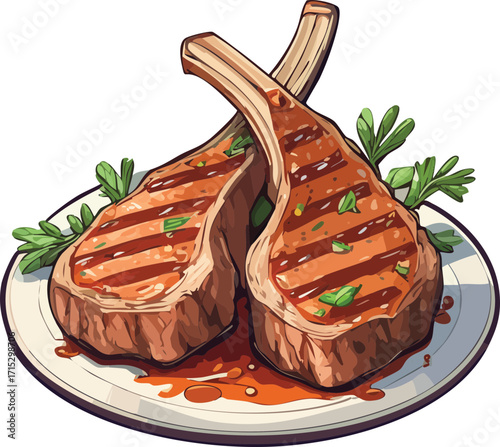 Smoked Lamb Chops Grilled BBQ Food Vector Illustration