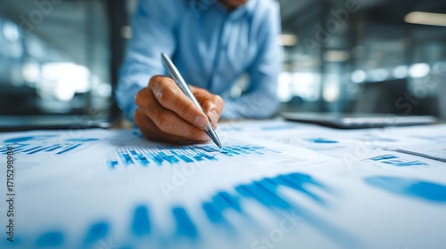Close-up of a Financial Analyst's Hand Pointing with a Pen at Business Data Charts and Graphs