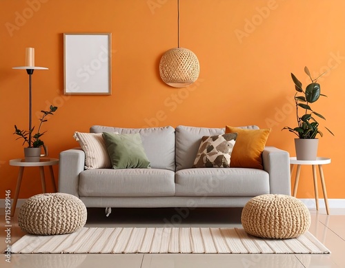 Modern living room with orange walls
