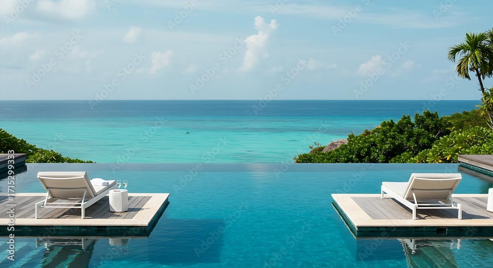 Fototapeta premium a infinity pool at a tropical resort with two empty,pristine white lounge chairs at the edge.The pool water is a deep blue blending seamlessly with the view of the turquoise ocean,a lush green 