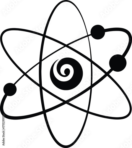 Stylized Atom Symbol with Swirling Nucleus and Orbiting Electrons