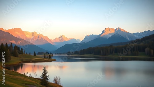 Tranquil mountain landscape with a mirror-like lake under soft morning light.