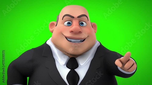 Animated Cartoon Businessman Pointing and Smiling on Green Screen