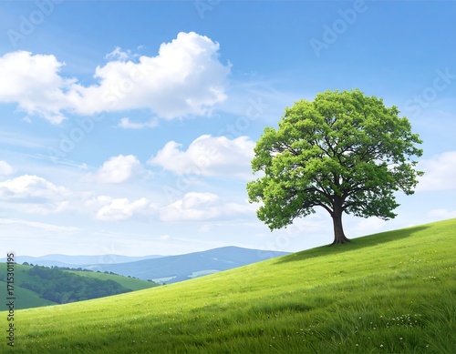 Lush green landscape with a solitary tree
