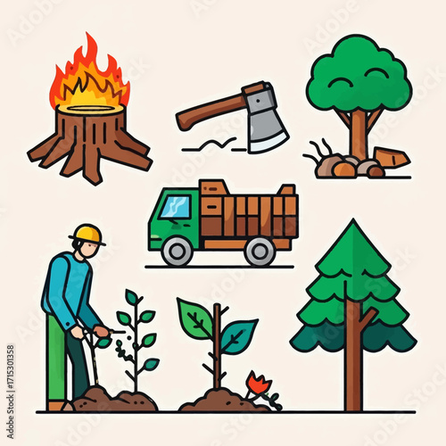 Forestry worker planting saplings, deforestation, logging truck, and wildfire.
