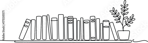 Minimalist Line Art of Books and a Potted Plant on a Shelf