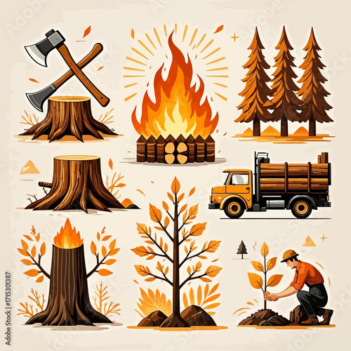 Forestry illustrations:  lumberjack, trees, campfire, logging truck, and reforestation.