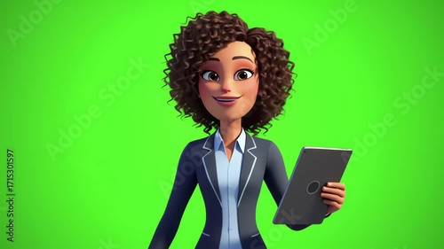 Animated Businesswoman with Tablet on Green Screen - Presentation