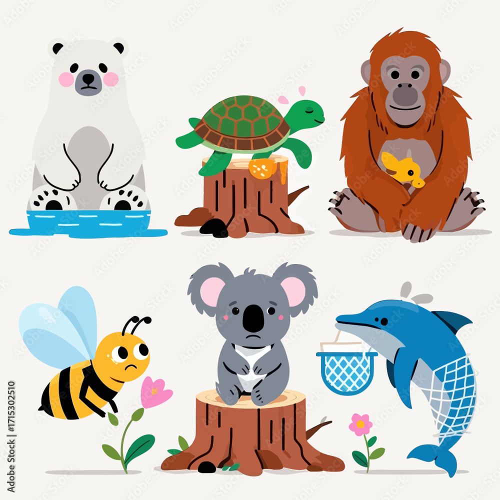 A sad polar bear on ice, a turtle on a stump, an orangutan with a baby, a bee near a flower, a koala on a stump, and a dolphin with a net, all depicted in a ... A sad polar bear on ice, a turtle on a stump, an orangutan with a baby, a bee near a flower, a koala on a stump, and a dolphin with a net, all depicted in a ...