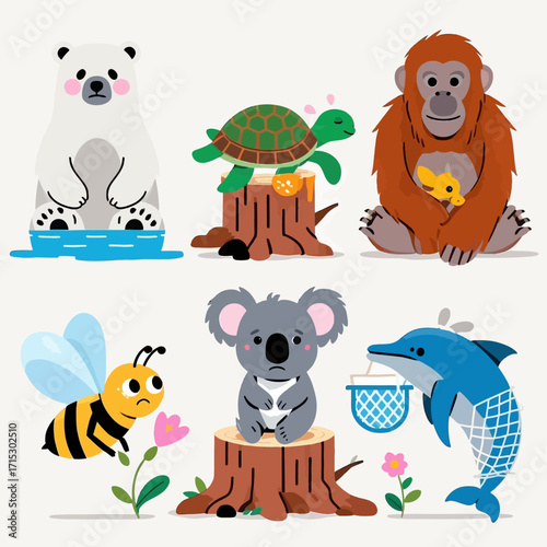 A sad polar bear on ice, a turtle on a stump, an orangutan with a baby, a bee near a flower, a koala on a stump, and a dolphin with a net, all depicted in a ...