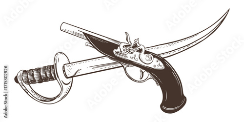 Sabre and flintlock pistol. Pirate weapons. Vector sketch of broadsword and firearms of Corsair. Imitation of old engraving.